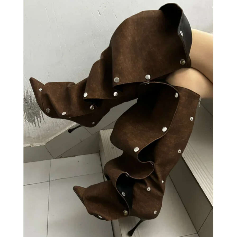 Heel Long Women High Botte Winter For Botas Mujer Thin Heeled Pointed Denim Boots Metal Button Shoes