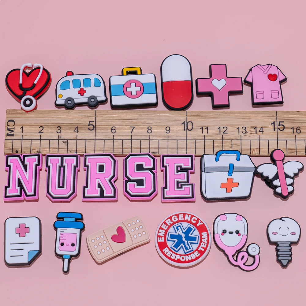 50100PCS Pink Style Shoe Charms fit Doctors Nurse Shoe Buckle Accessories for Clog Cute Bandage Syringe Shoe Decoration 240606
