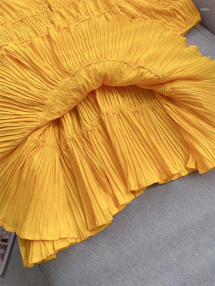 Casual Dresses Elegant Dress With Yellow Pleats V-neck High Waist Ruffled Edges 7/4 Bubble Sleeves Short Skirt That Looks White And Slim