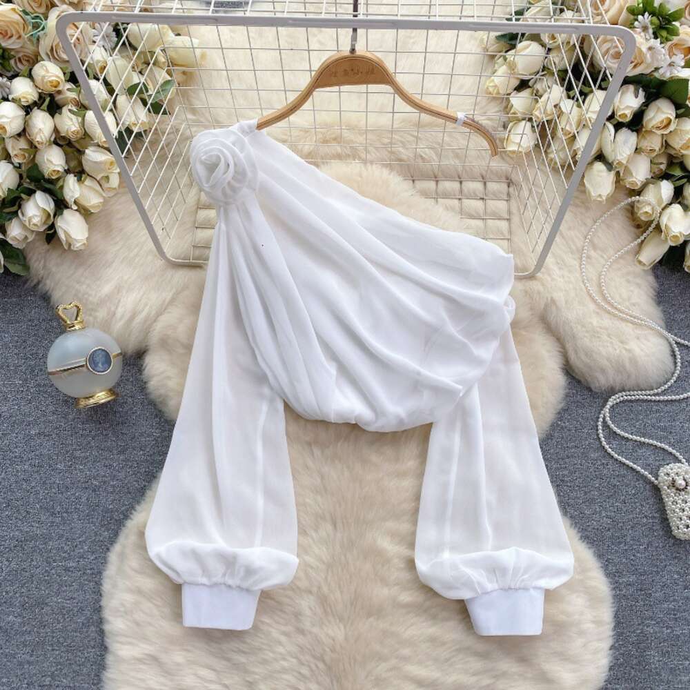 Chiffon shirt for women in 2024 new design sense three-dimensional flower diagonal collar off shoulder bubble sleeve French top womens spring fashion 