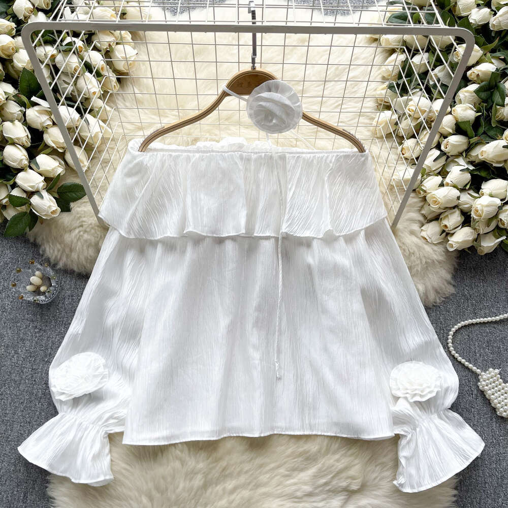 French Chiffon Shirt Womens Sweet Ruffle Edge One line Neck Off Shoulder Design with Three Dimensional Flower Bubble Sleeve Top Womens Spring