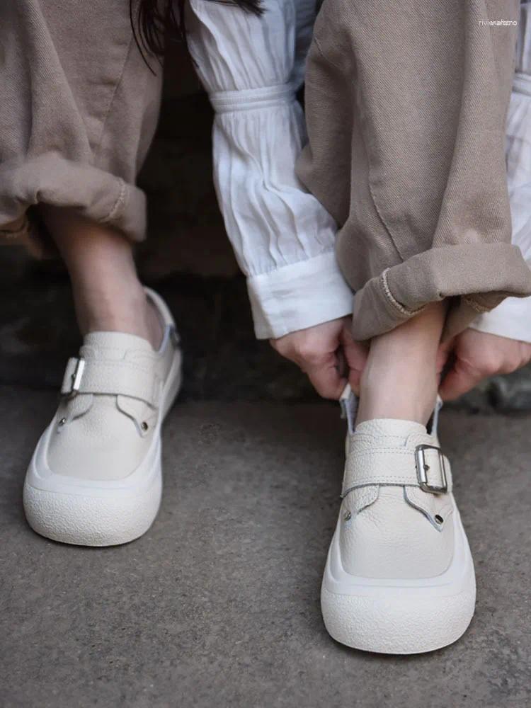 Casual Shoes Artmu Genuine Leather White For Women Thick Heel Big Head Buckle Vulcanized Luxury Flats Sneakers Sports