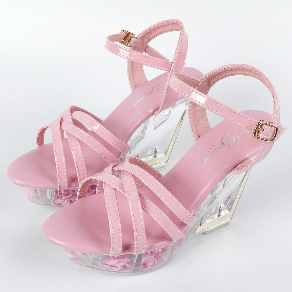 Women's Pink Clear 10Cm Wedge Heels Sandals Slipper Dance Shoes Crystal Sexy For Party Cross Strap Lfd-1101-D8