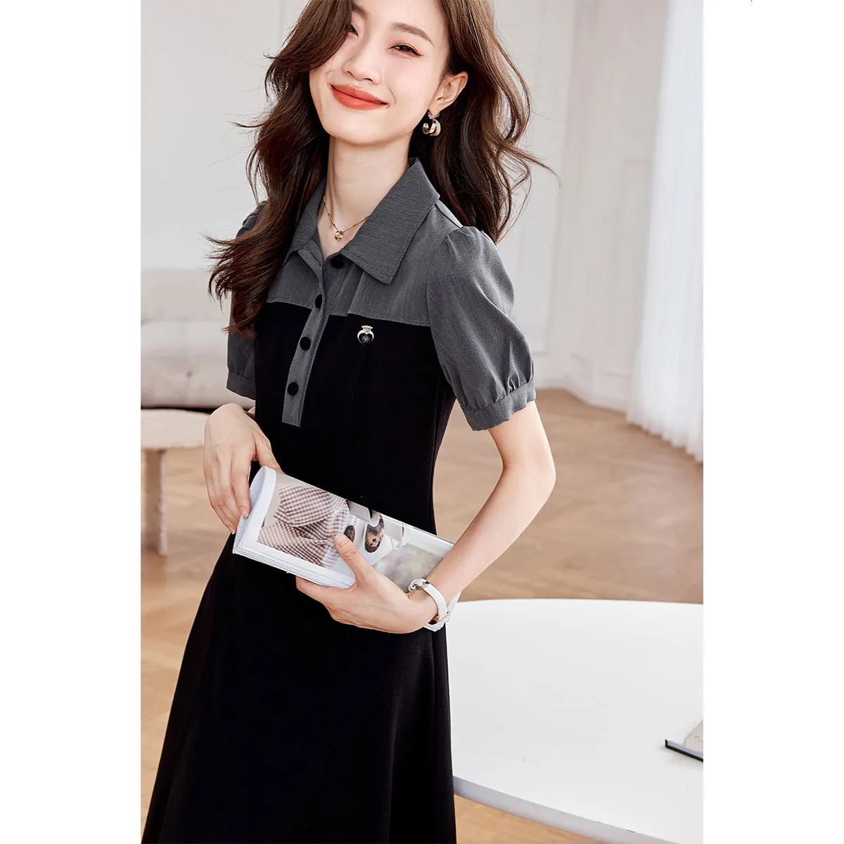 Hollow Out Embroidery Tea Break Dress for Women French A-LINE Elegant Turn Down Solid Female Midi Dresses Plus size 240529