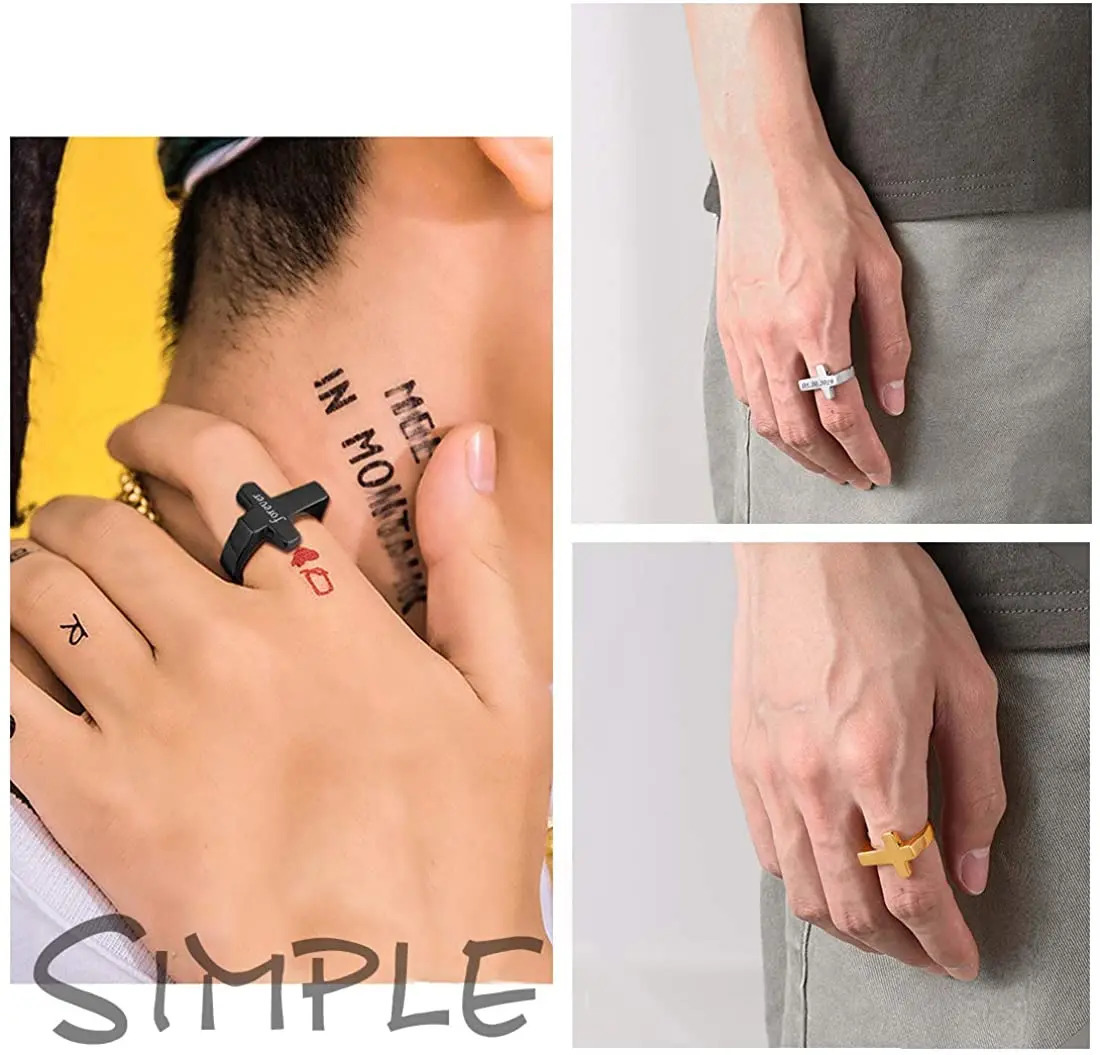 U7 Men Rings Statement Signet Cross Band Ring Gold Color Solid Polished Biker Rings Custom Message Text 240530