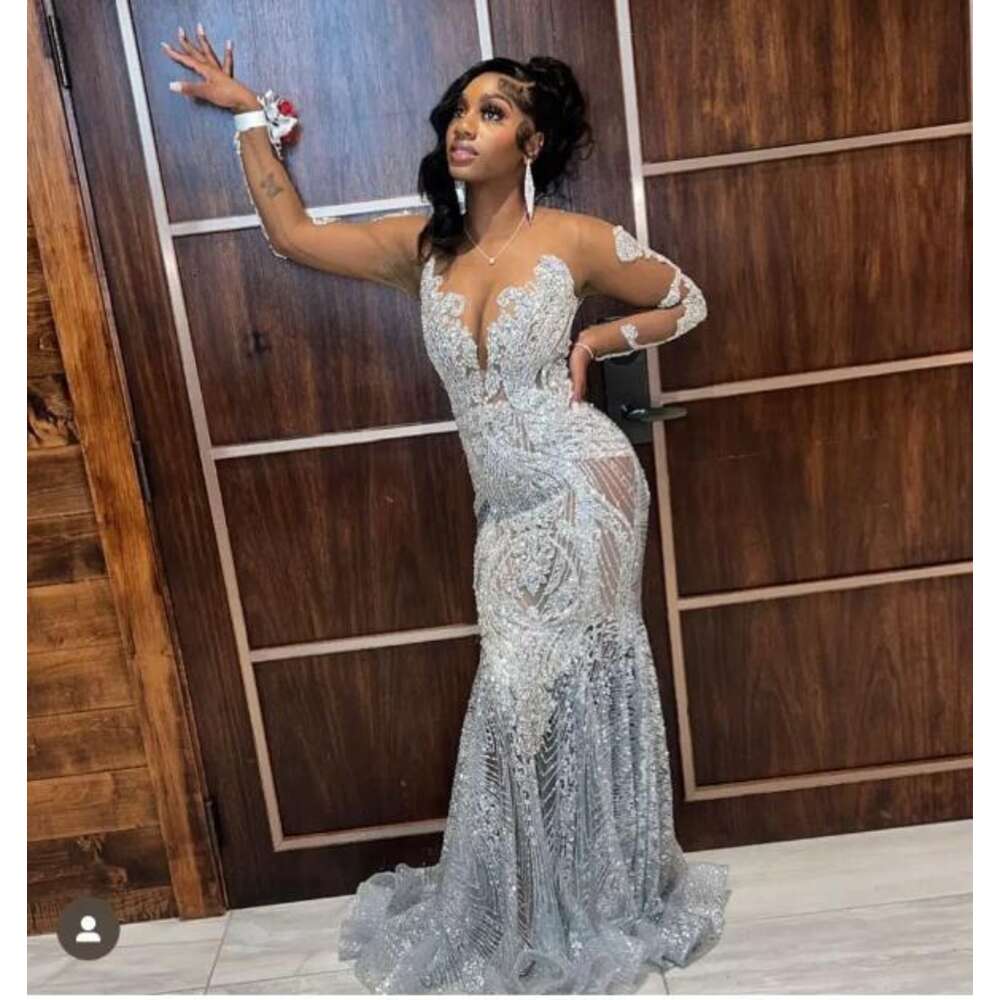 Sparkly Silver Mermaid Evening Formal Dresses Sheer Mesh Diamond Gillter Prom Ceremony Gala Gown Black Girl 0606