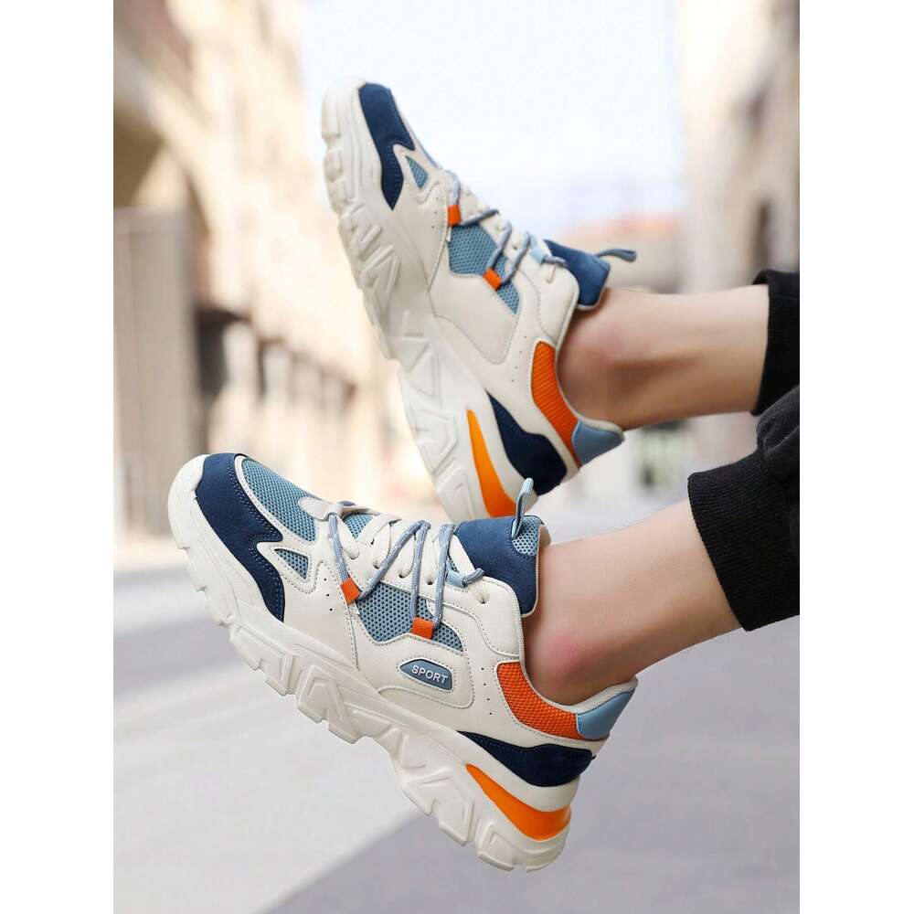 Men's Double Lace-up Unique Front Tie Design Peculiar Color Blocking Thick Bottom Chunky Sneakers