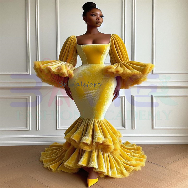 Amazing Yellow Flamenco Prom Dresses For Black Girls Elegant Square Neckling Puff Sleeve Mermaid Evening Gowns Velvet African Nigeria Aso Ebi Formal B