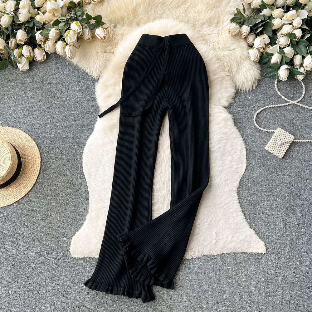 Minimalist and high-end knitted casual pants for women in autumn high waisted and slim with tassels design straight tube and draped floor mop pants