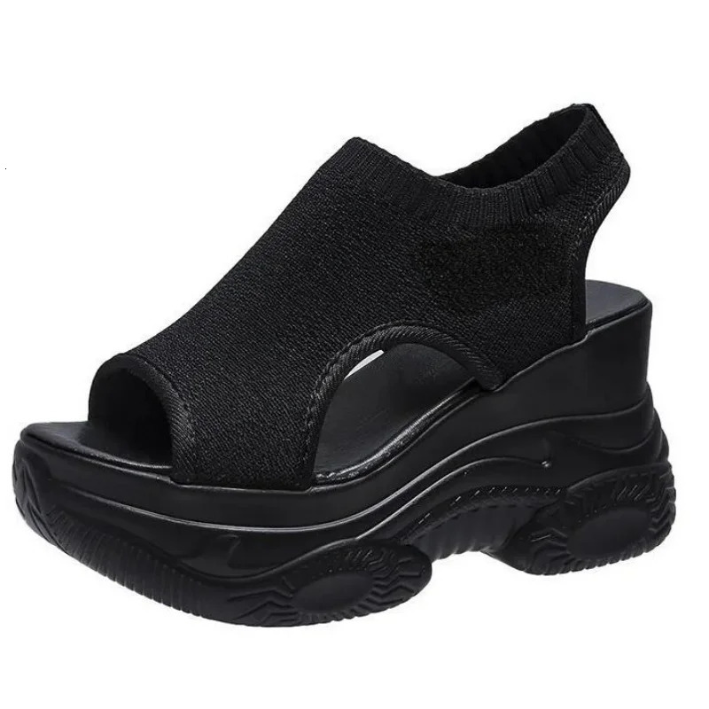 Summer Knitted Fish-mouth Shoes Fairy Wind Cake Sole High Heel Flying Weave Slope Heel Thick Sole Sports Womens Sandal 240528