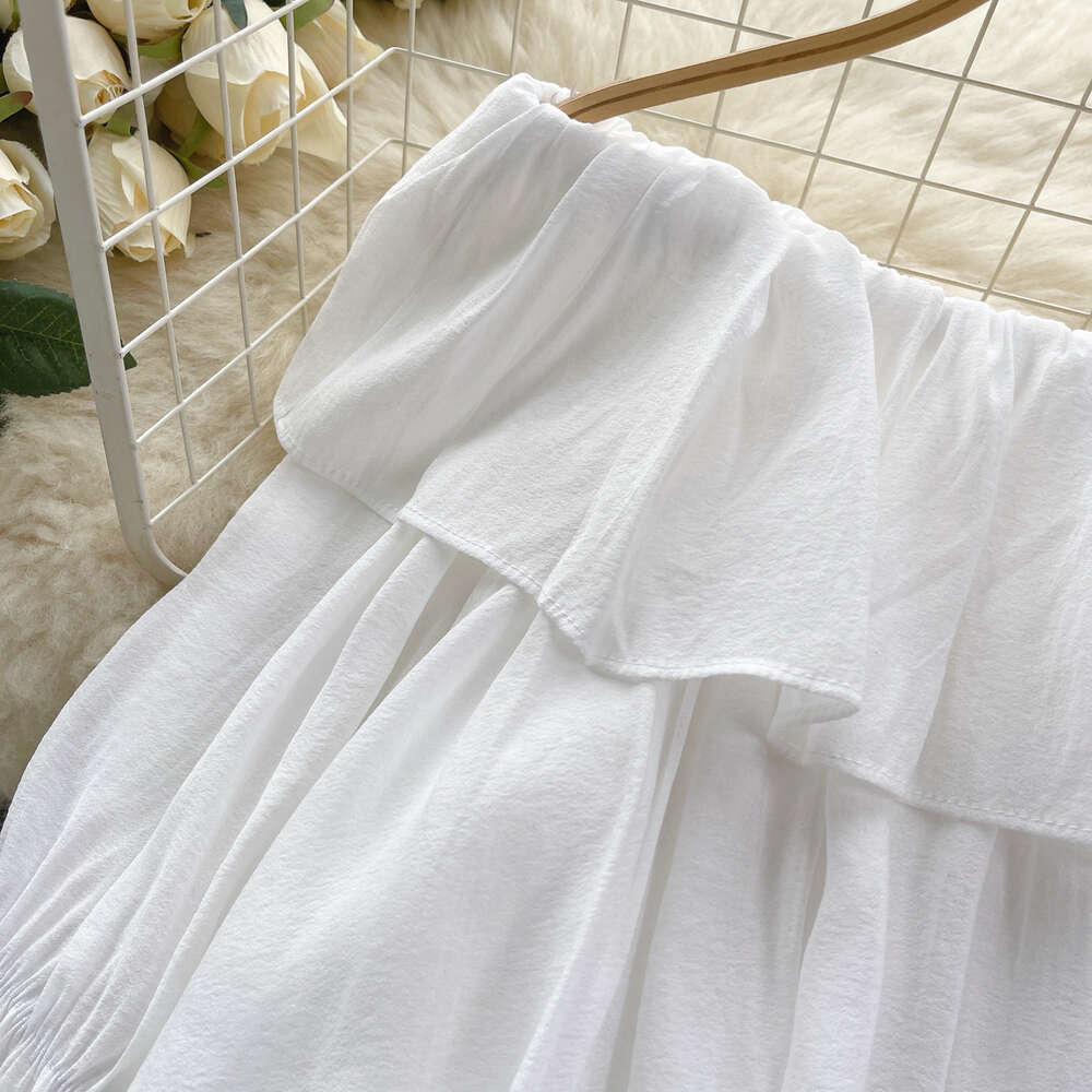 European style large edition shirt for women sweet and ruffled edge one line collar off the shoulder loose and slim irregular bubble sleeve top for wo