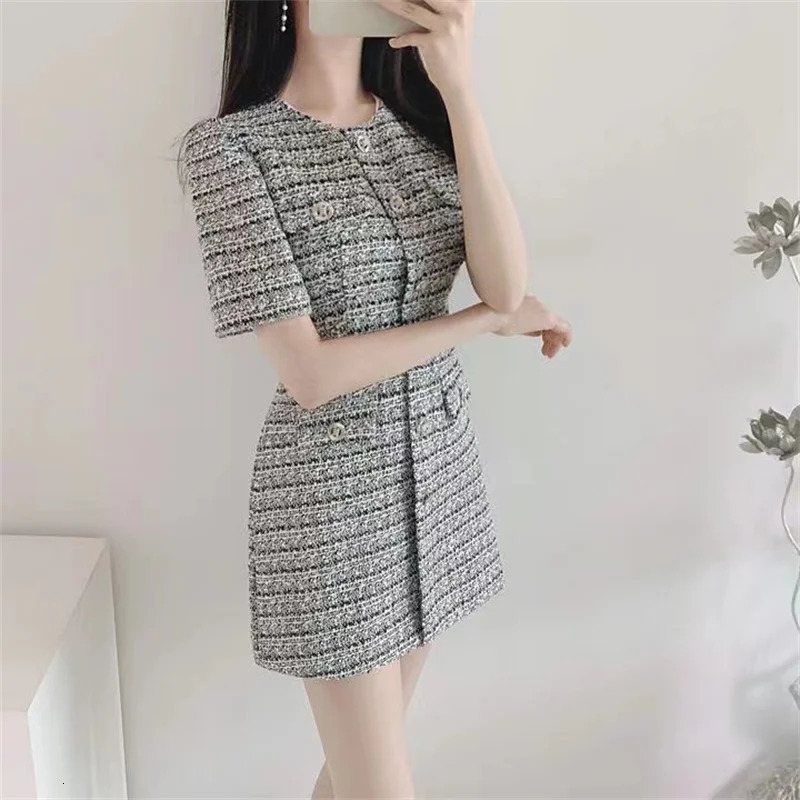 Chic Office Lady O Neck Puff Sleeve Dress Women Slim Waist Short Sleeve Tweed Summer Dresses A-Line Plaid Mini Vestidos F256 240529