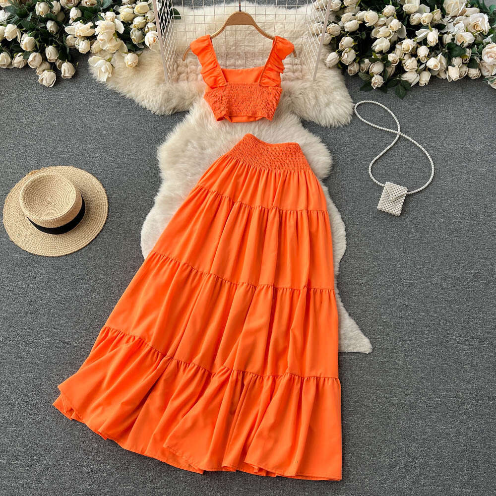 Summer Fresh Set Womens Short Strap Top+Mid length Cake Pleated Half skirt Set of Two