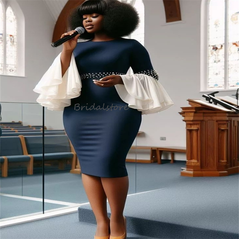 Plus Size Navy Blue Prom Dresses With Beaded O Neck Mermaid Evening Gowns Flare Long Sleeve Cocktail Dress Black Women Aso Ebi Celebrity Formal Birthd