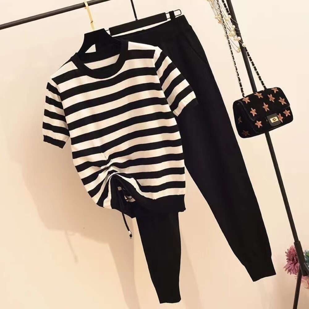 Summer New Knitted Western Style Casual Round Neck Spliced Striped Drawstring Short Sleeve Knitted Elastic Pants Set for Women