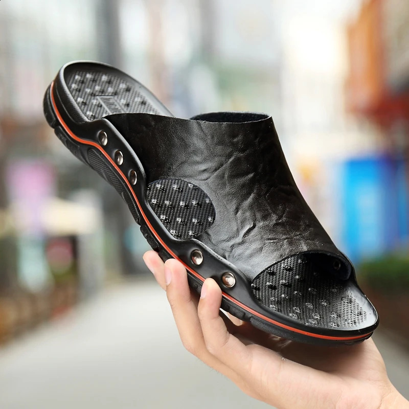 Summer Men Slippers Genuine Leather Breathable Clogs Sandals Beach Classics Leather Slides Outdoor Flip Flops Plus Size Men Shoe 240606