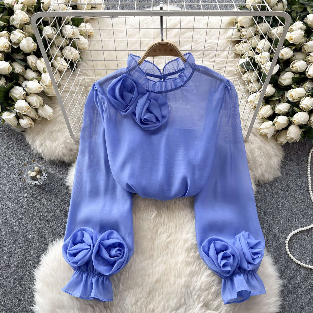 2024 Early Spring New Top Womens Design Sense Three Dimensional Flower Bubble Sleeves Reduce Age Ear Collar Chiffon Shirt Womens Trend