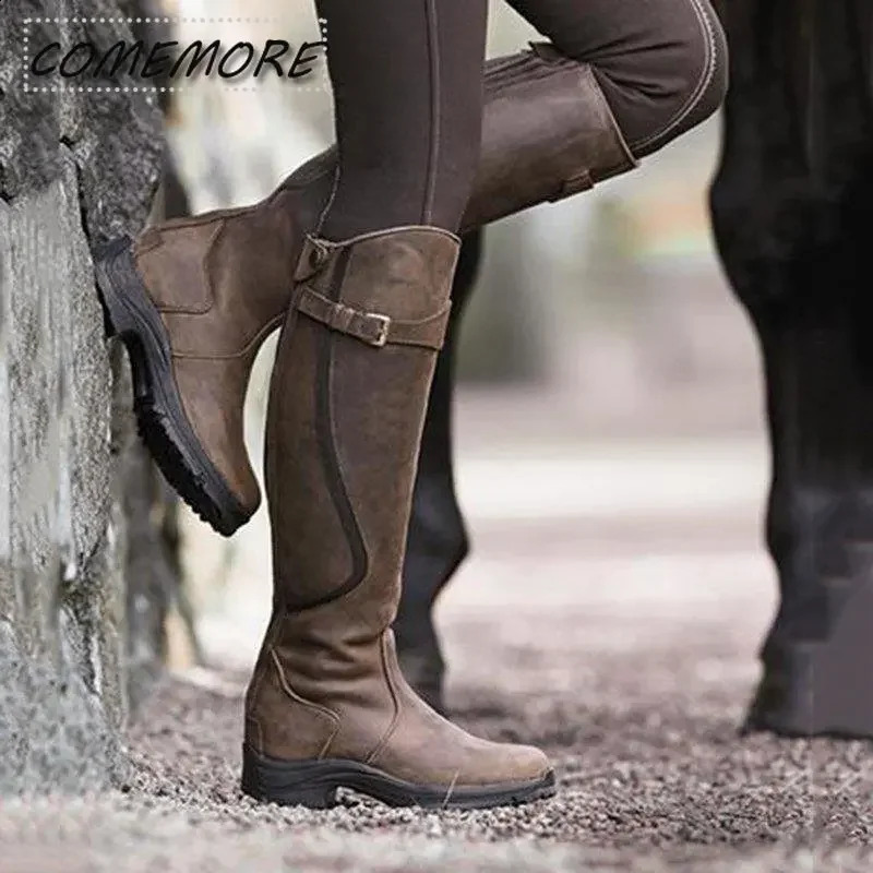 Women Boots PU Leather Zipper Retro Casual Womans Booties Gladiator Low Heel Shoes Ladies Fashion Long Botas Mujer 240606