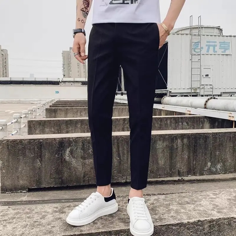 Streetwear Fashion Men Solid Color Smart Casual Suit Pants Spring Summer Thin Slim Fit Business Cropped Straight Trousers 240527