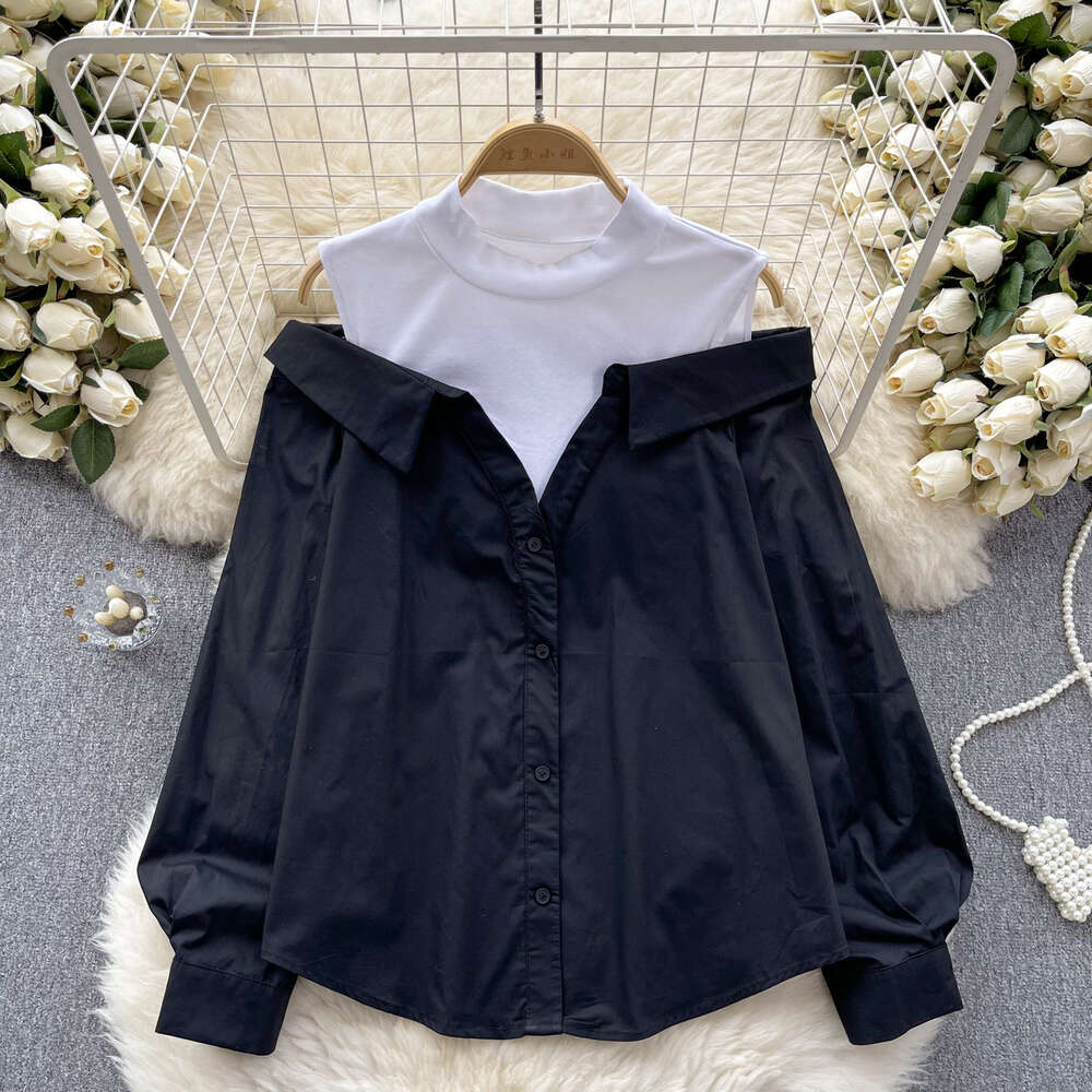 French haute couture fake two-piece long sleeved shirt womens patchwork loose and slimming contrasting color design off the shoulder top