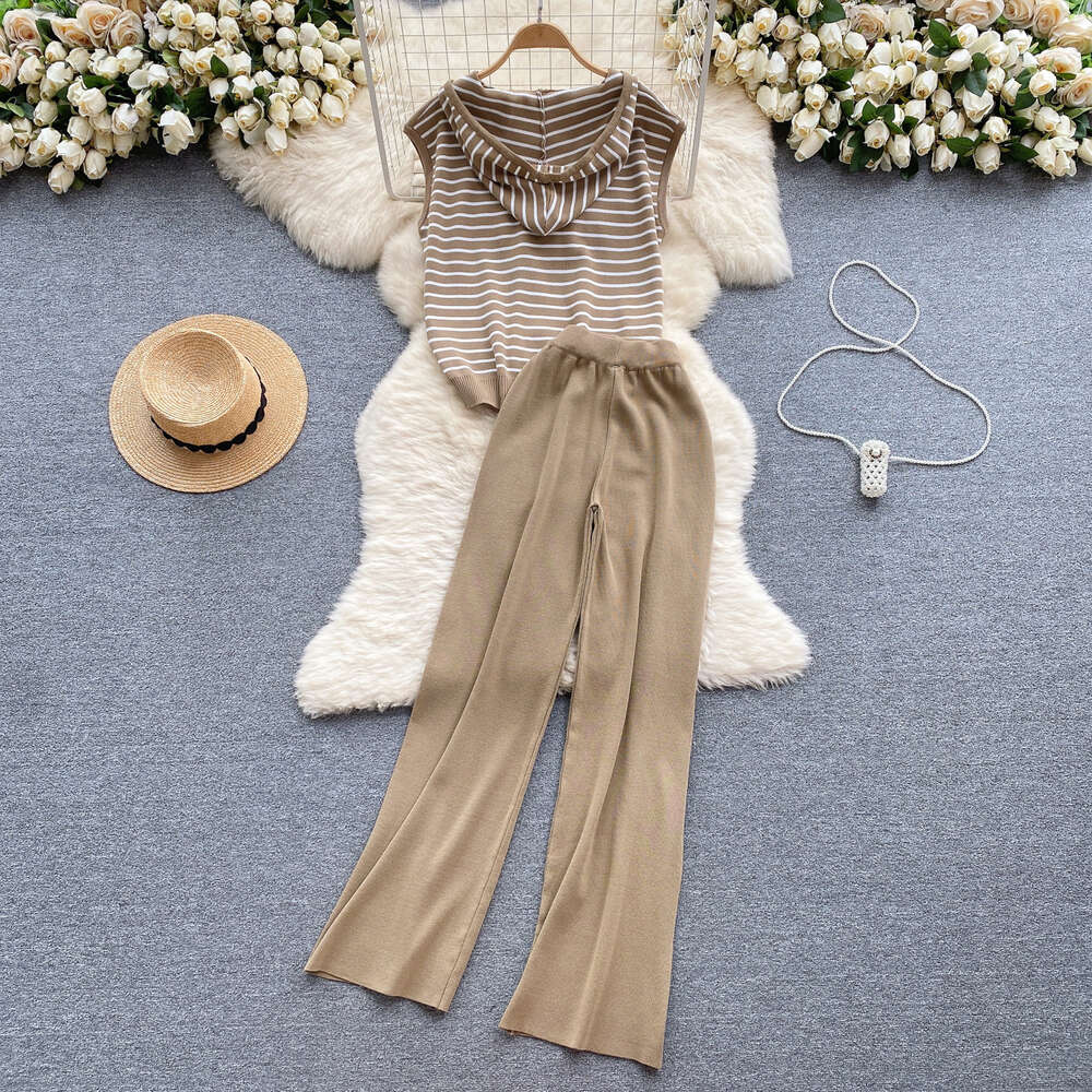 Korean casual outfit womens striped hooded knit top loose and versatile wide leg pants two-piece fashion set