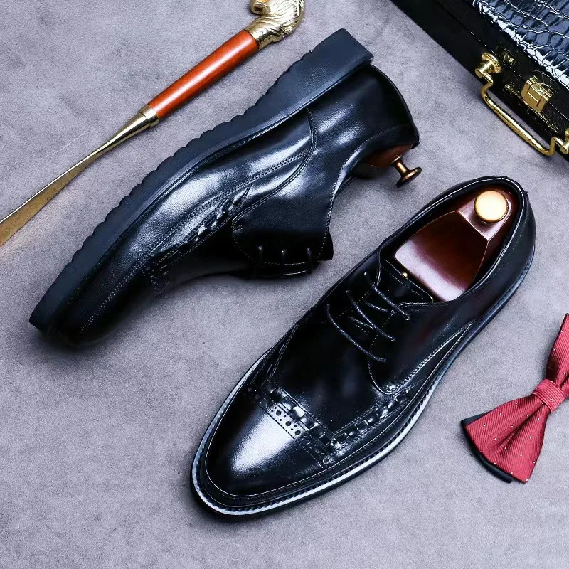 Business dress mens denim casual leather mens feet wide British Derby leather shoelaces 240606