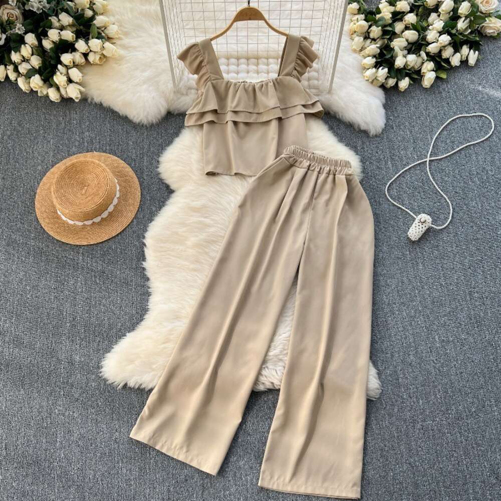Korean style vacation style set for women with sweet flying sleeves ruffled top loose and slimming wide leg pants two-piece set