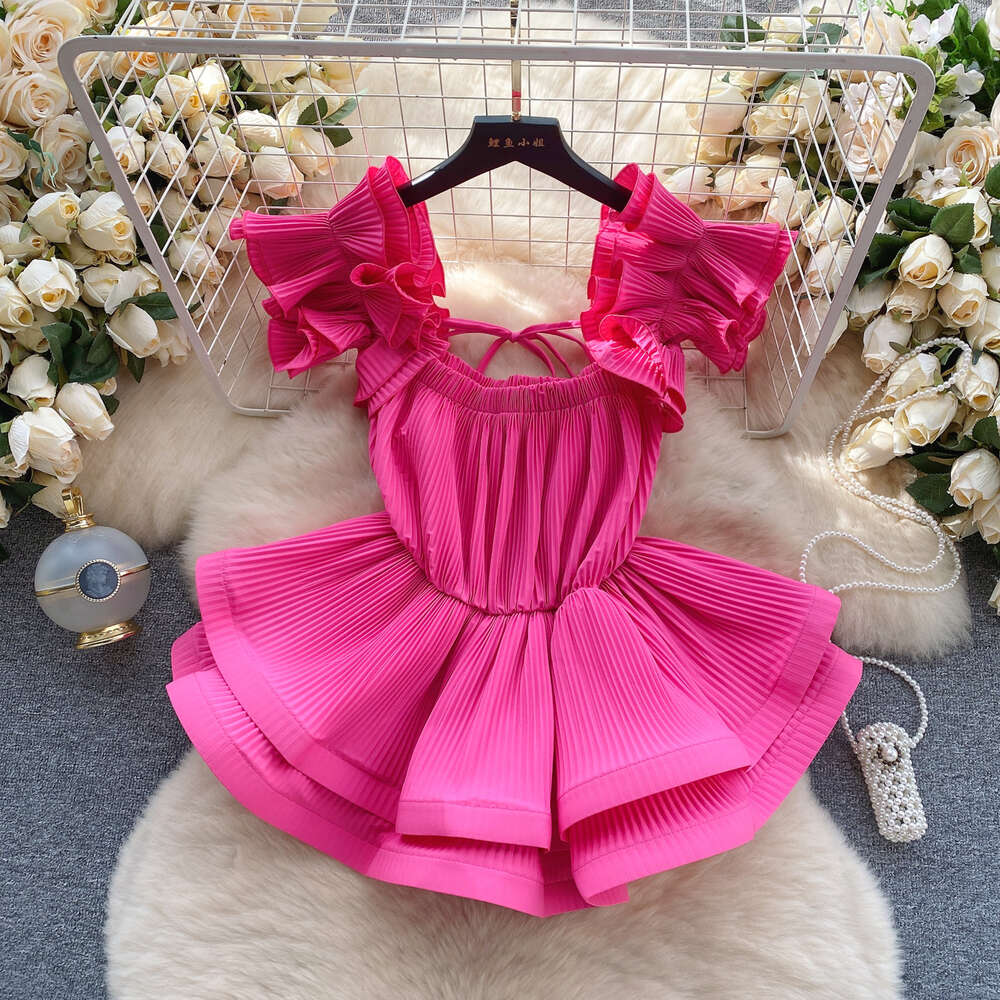 2024 European style small shirt heavy-duty pleated ruffle edge suspender chiffon shirt slim fit short ruffle hem top for women