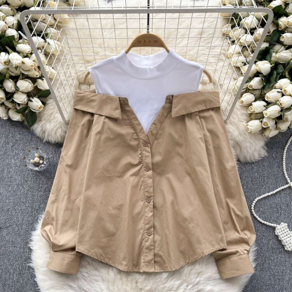 French haute couture fake two-piece long sleeved shirt womens patchwork loose and slimming contrasting color design off the shoulder top