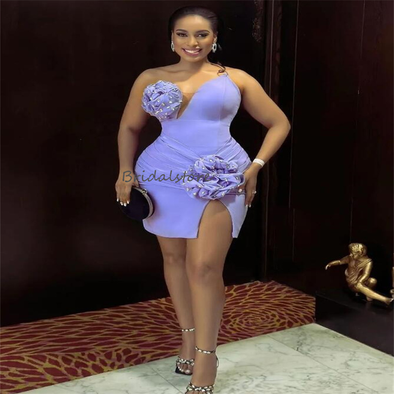 Sexy Lilac Short Prom Dresses With Handmade Flowers Elegant Mini Short Black Girls Evening Dress 2024 High Slit Cocktail Party Wear Satin Formal Cerem