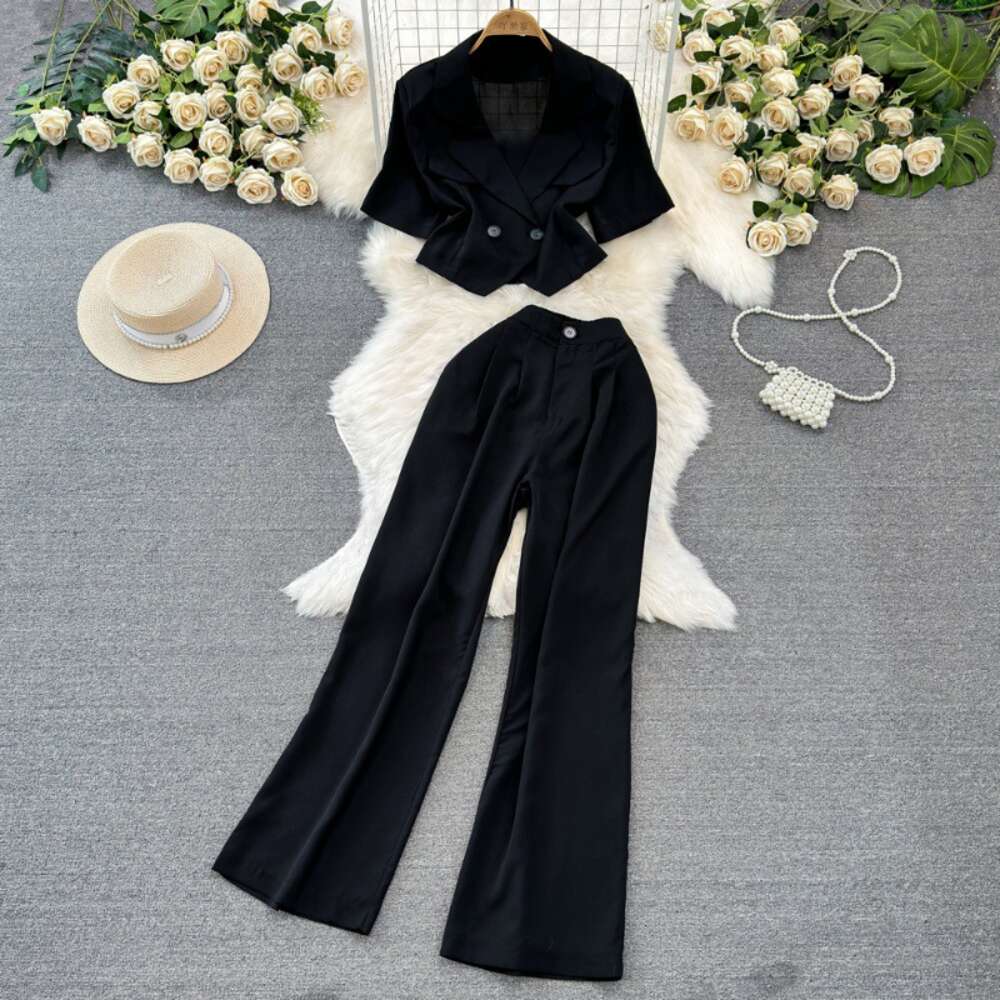 Fashion set womens Korean short sleeved suit collar slim fit short top two-piece high waisted straight leg wide leg pants