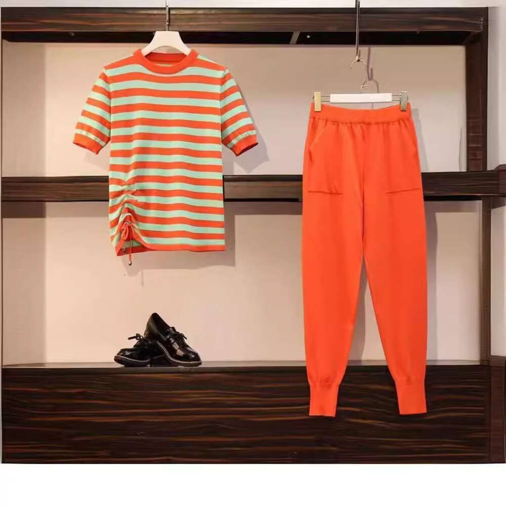 Summer New Knitted Western Style Casual Round Neck Spliced Striped Drawstring Short Sleeve Knitted Elastic Pants Set for Women