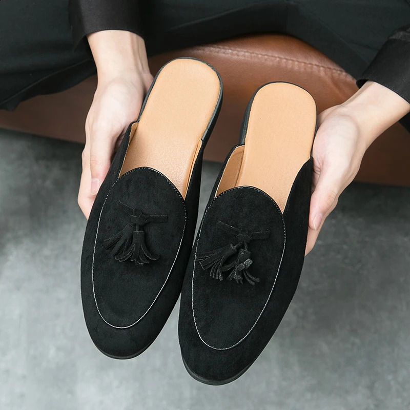 Men Green Black Half Slippers Driving Shoes Casual Patent Leather Suede Mules Moccasins Breathable Loafers atos Hombre 240606