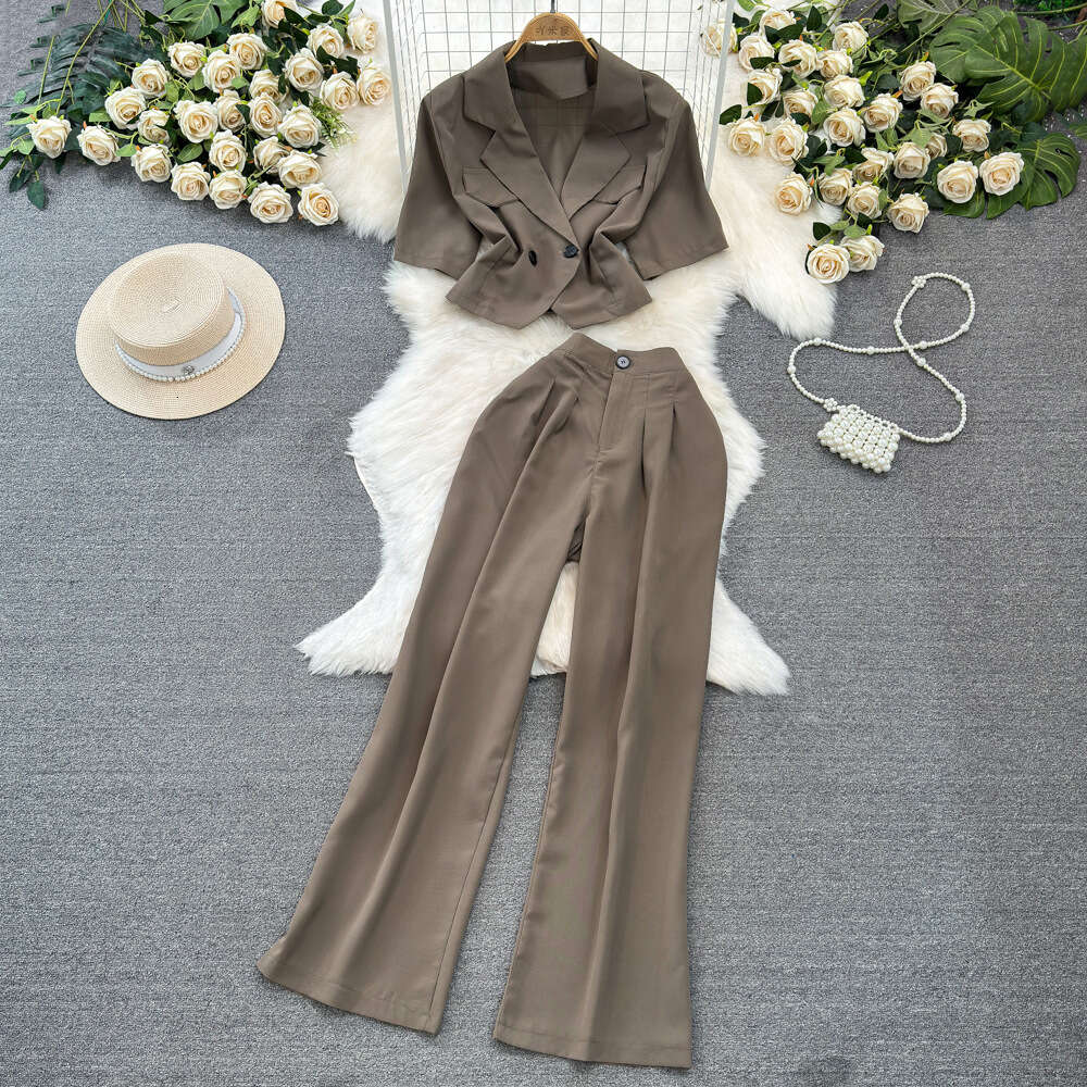 Fashion set womens Korean short sleeved suit collar slim fit short top two-piece high waisted straight leg wide leg pants