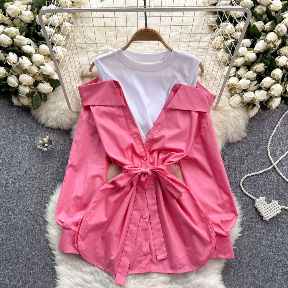 Chic Design Fake Two Shirts Womens Style Round Neck Contrast Panel Off Shoulder Long sleeved Top Womens