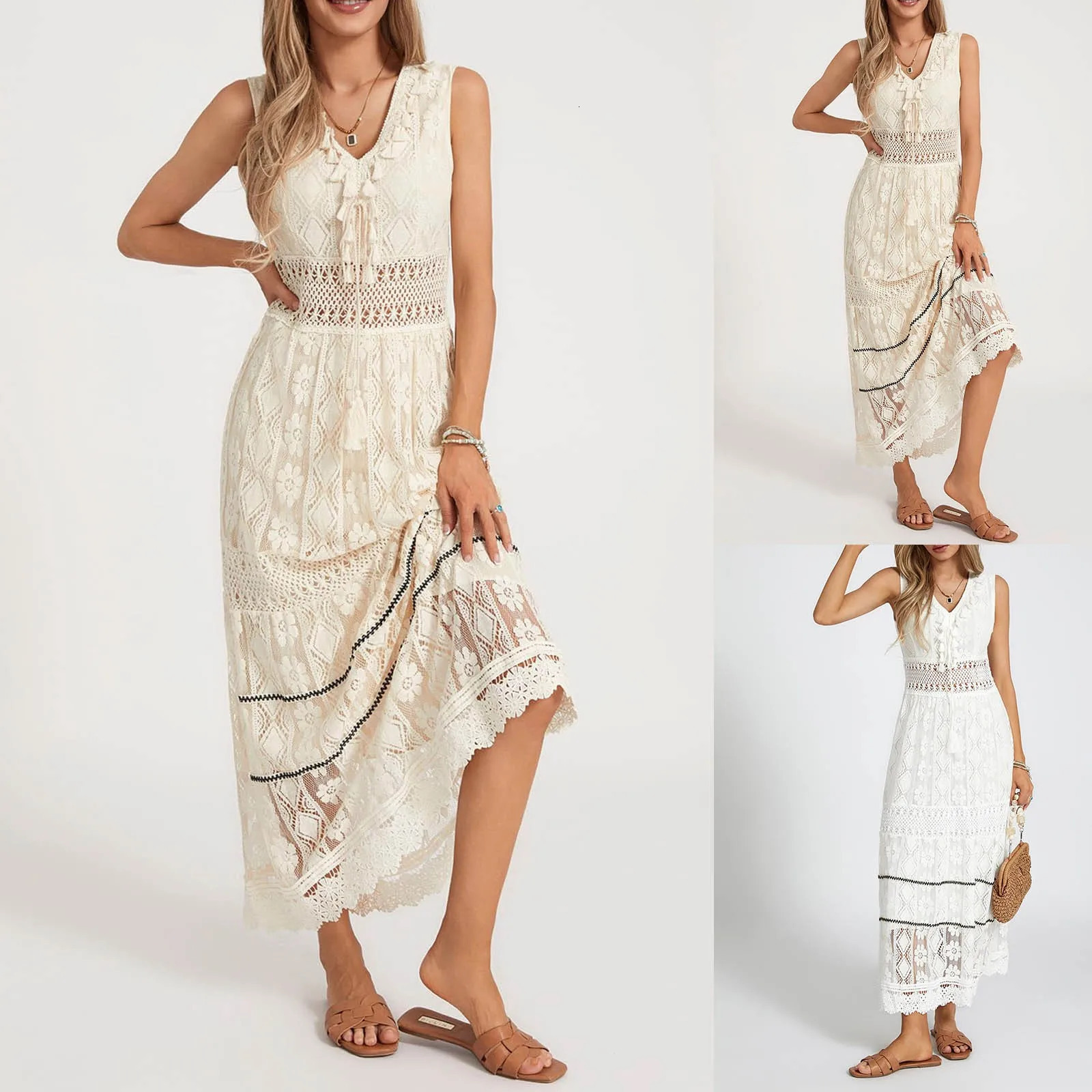 Boho Dress Women Summer Sleeveless Dress Female Solid Lace V Neck Sundress Ladies Hollow Out Beach Dress Vestidos De Mujer 240529
