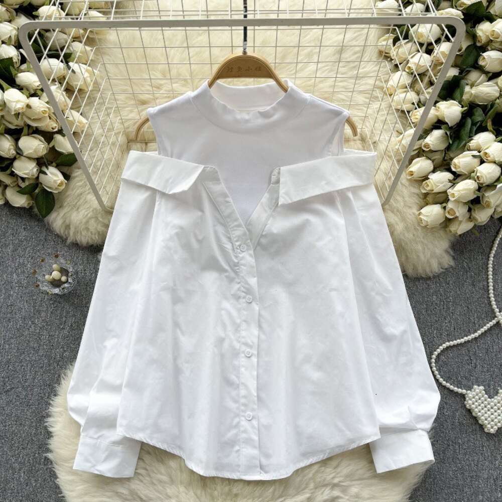 French haute couture fake two-piece long sleeved shirt womens patchwork loose and slimming contrasting color design off the shoulder top