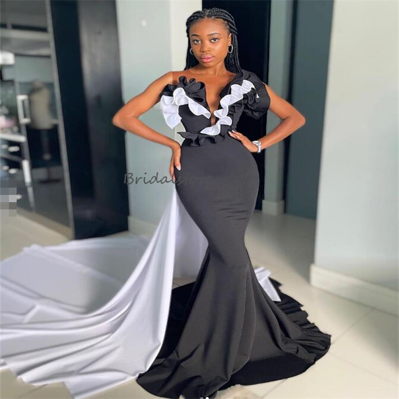 Elegant Black With White Prom Dresses With Detachable Train Black Girls Mermaid Evening Dress Ruffles Ceremony Second Party Dress 2024 Satin Special O