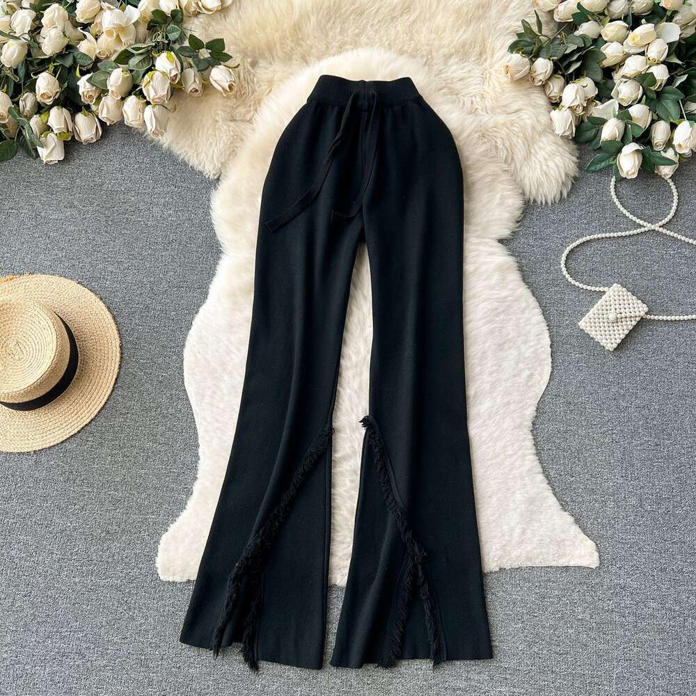 Spicy girl style micro trumpet long pants for women in autumn with a knitted high waisted design that exudes a sense of niche temperament and a sense 