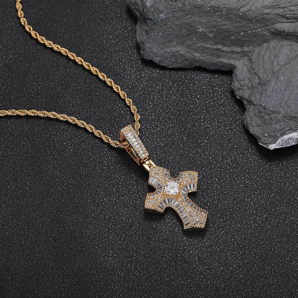 Hip Hop Cross Pendant Necklace TopBling 5A T Zircon Real Gold Plated Men Jewelry
