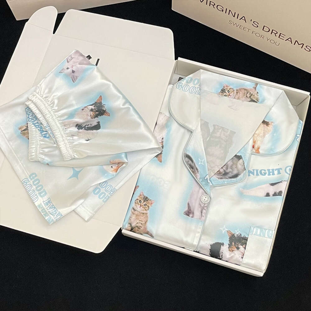 Women's Pamas Sets Spring Autumn 2 Piece Animal Pyjama Faux Silk Satin Sleepwear Short Sleeve Button Pijama Mujer Pjs Homewear Sleepwear