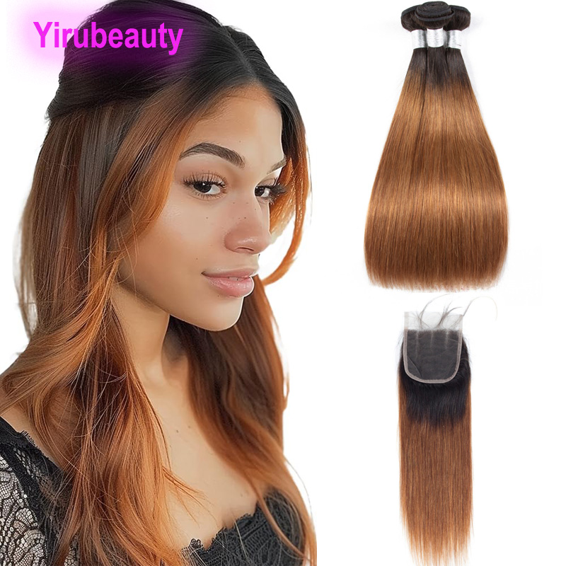 1B/30 TwoTones Color Straight Brazilian 100% Human Hair Extensions 3 Bundles With 4X4 Lace Closure Free Part 10-30inch