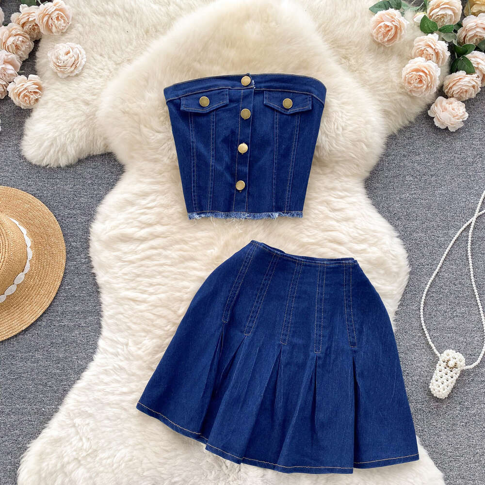 This years popular fashion set spicy girl style sexy strapless versatile short pleated skirt denim two-piece set