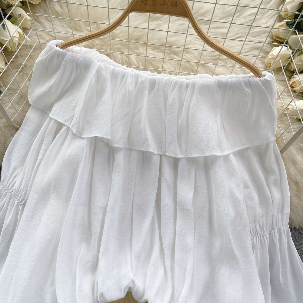 European style large edition shirt for women sweet and ruffled edge one line collar off the shoulder loose and slim irregular bubble sleeve top for wo