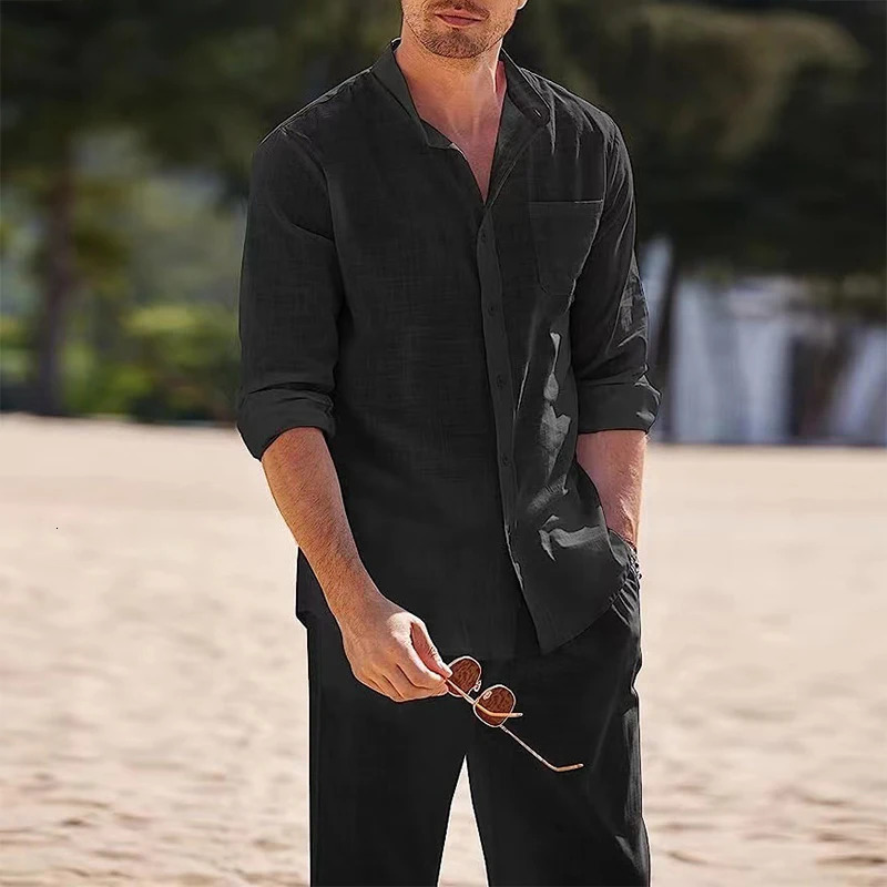 Casual Cotton Linen Men Two Piece Set Autumn Solid Color Long Sleeve Shirt And Long Pant Set Holiday Beach Loose Mens Outfits 240530