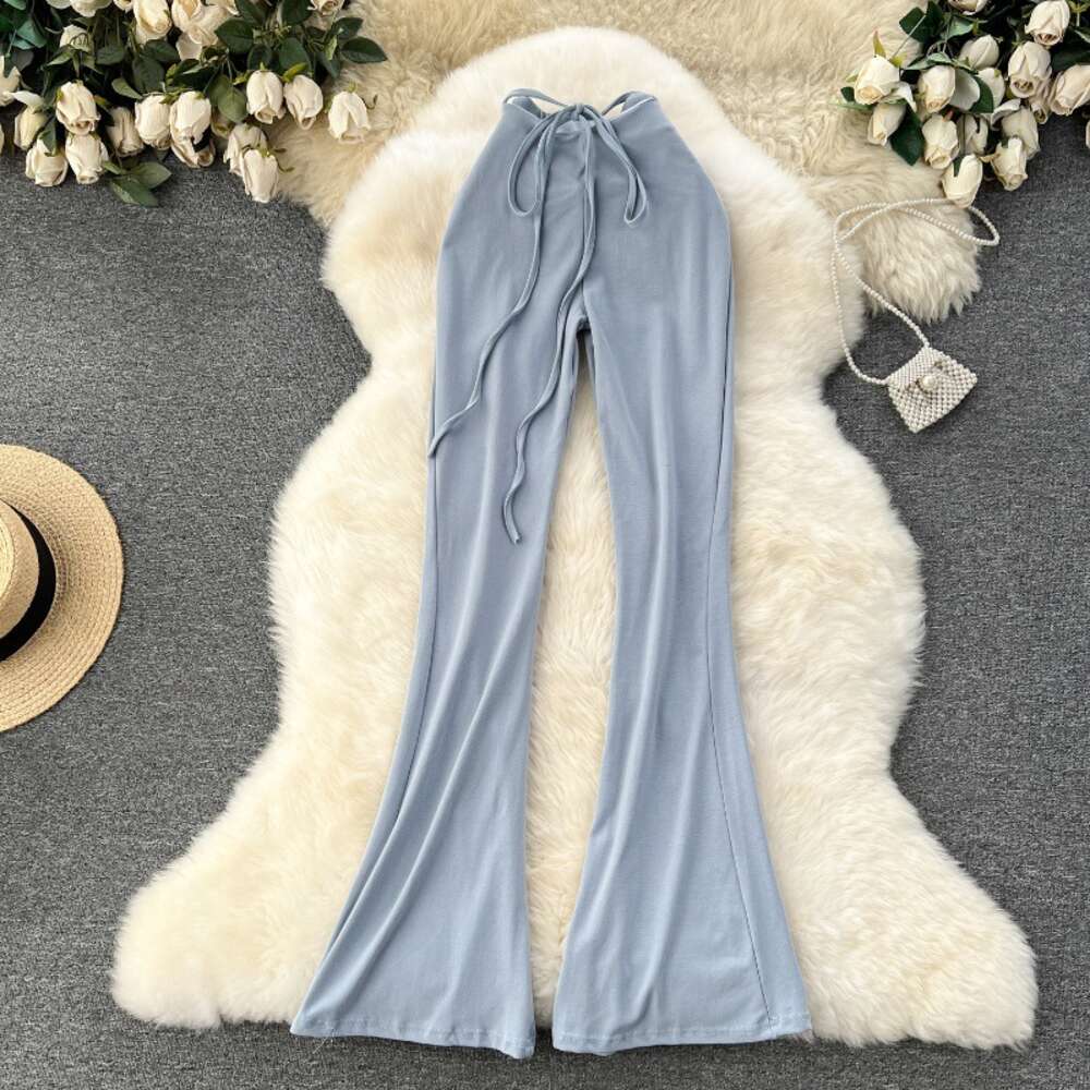 Spicy Girl Wearing Design Sense Tie Up Waist Slimming Slim Fit Bag Hip Long Flare Pants Sexy Yoga Pants