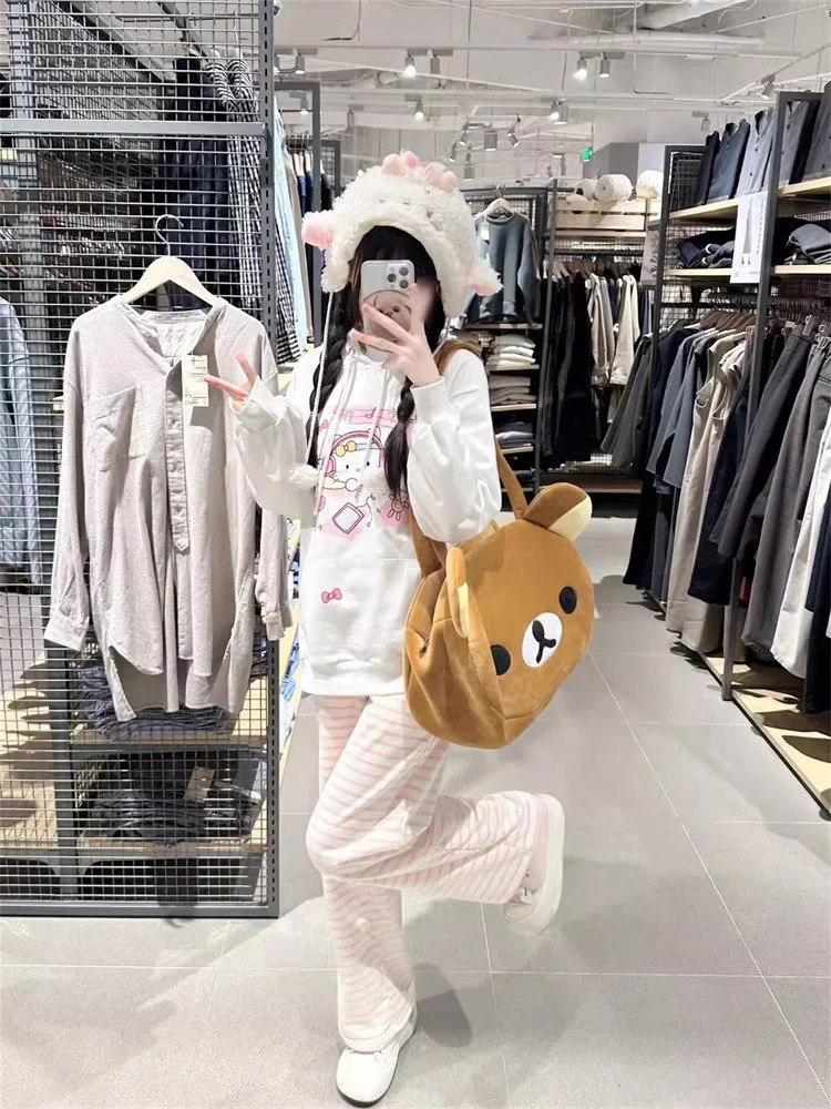 QWEEK Japanese Y2K Striped Sweatpants Women Harajuku Kawaii Sweet Fleece Sports Pants Korean Fashion Cute Girly Basic Trousers 240530