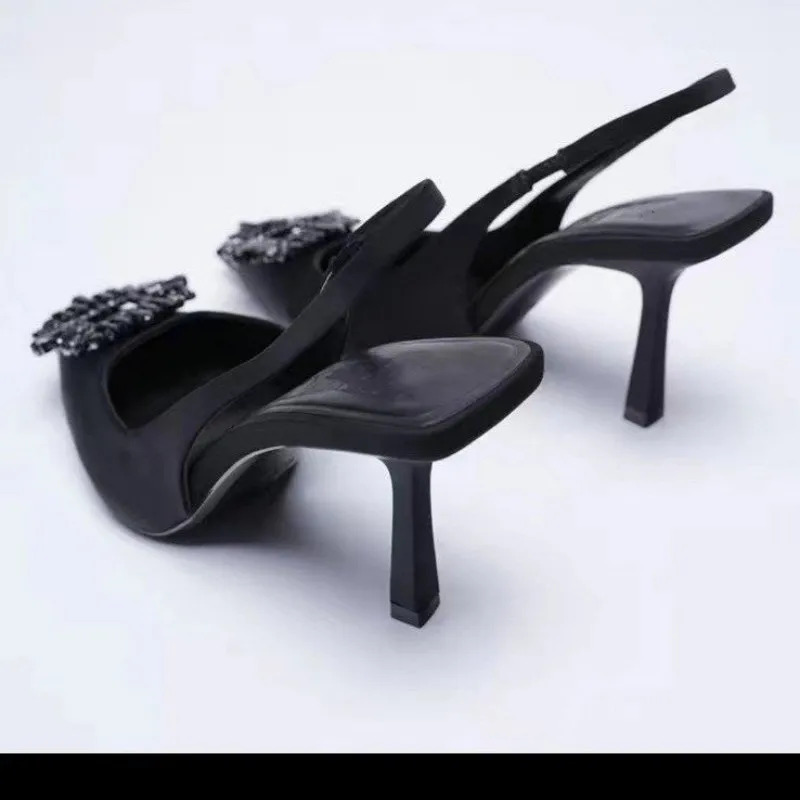 High-heeled Sandal A Word Back Trip with Rhinestone Decorated Bao Head Sandal Pointed Single Shoe Shallow High Heels Women 240528