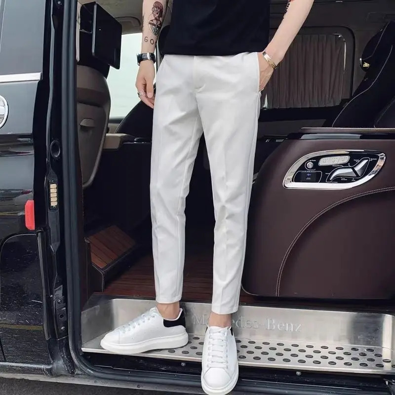 Streetwear Fashion Men Solid Color Smart Casual Suit Pants Spring Summer Thin Slim Fit Business Cropped Straight Trousers 240527