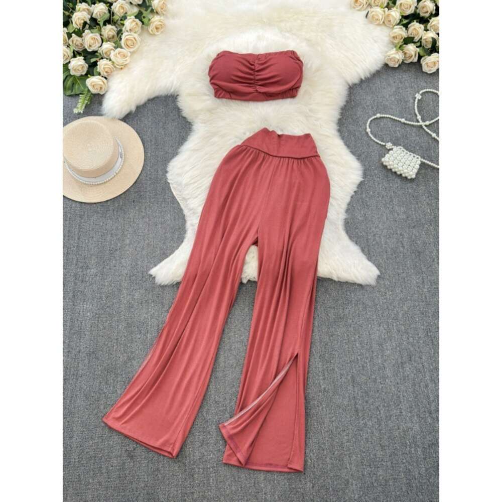 Fashion Set Womens Spicy Girl Style Printed Short Naked Bra T-shirt Set of Two Casual High Waist Slimming Wide Leg Pants